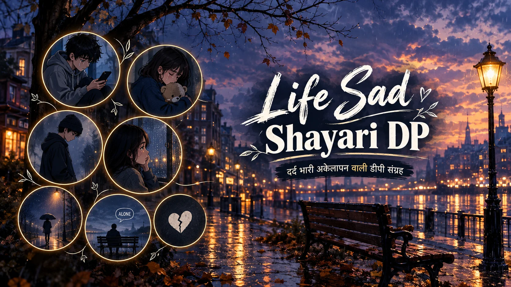Sad Shayari DP with rainy city aur lonely anime characters