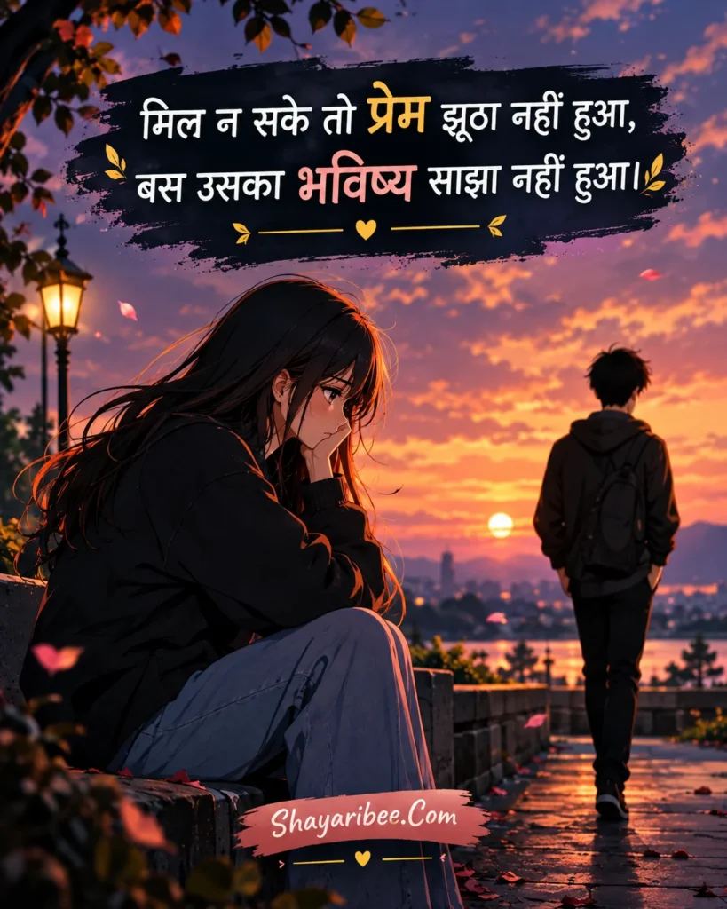 Sad anime girl watching her love walk away during sunset with Hindi breakup shayari and Shayaribee.Com branding.