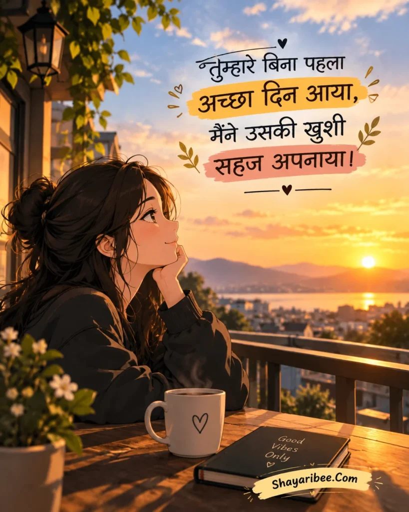Anime girl sunset par sukoon se baithi, Hindi shayari aur Shayaribee.Com ke saath.