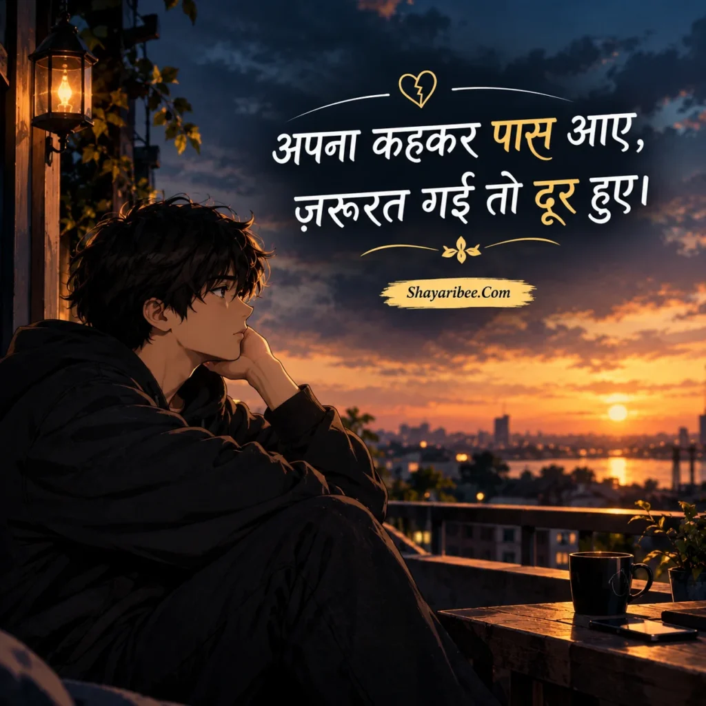Sad anime boy with heartbroken Hindi shayari sunset background.