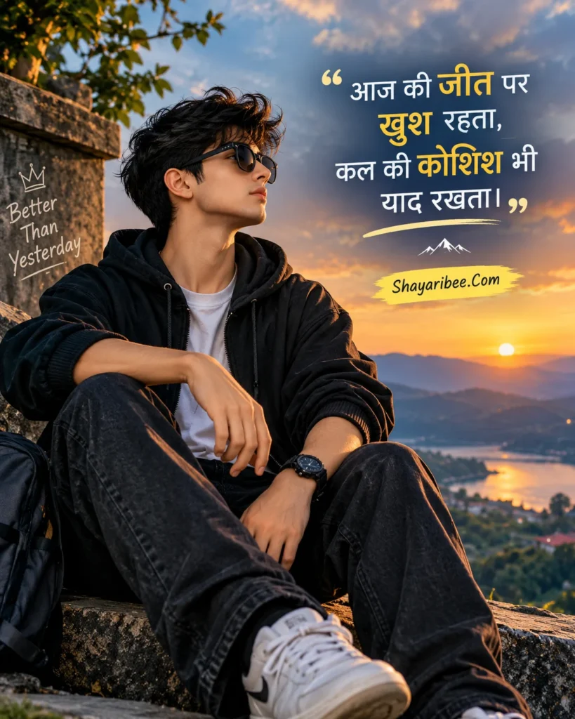 Attitude boy sunset background mein motivational Hindi shayari