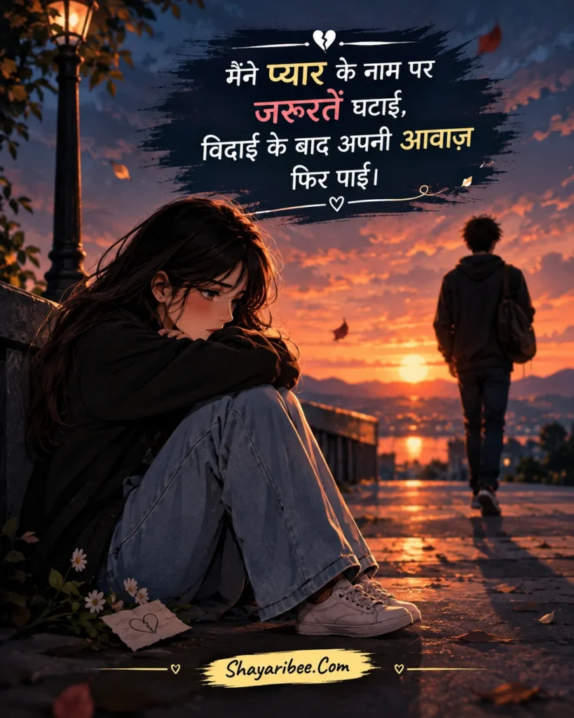 Anime breakup scene with emotional Hindi shayari sunset aesthetic and Shayaribee.Com branding.