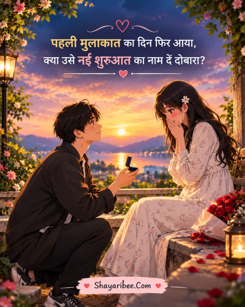 Anime couple proposal scene with Hindi romantic shayari and Shayaribee.Com