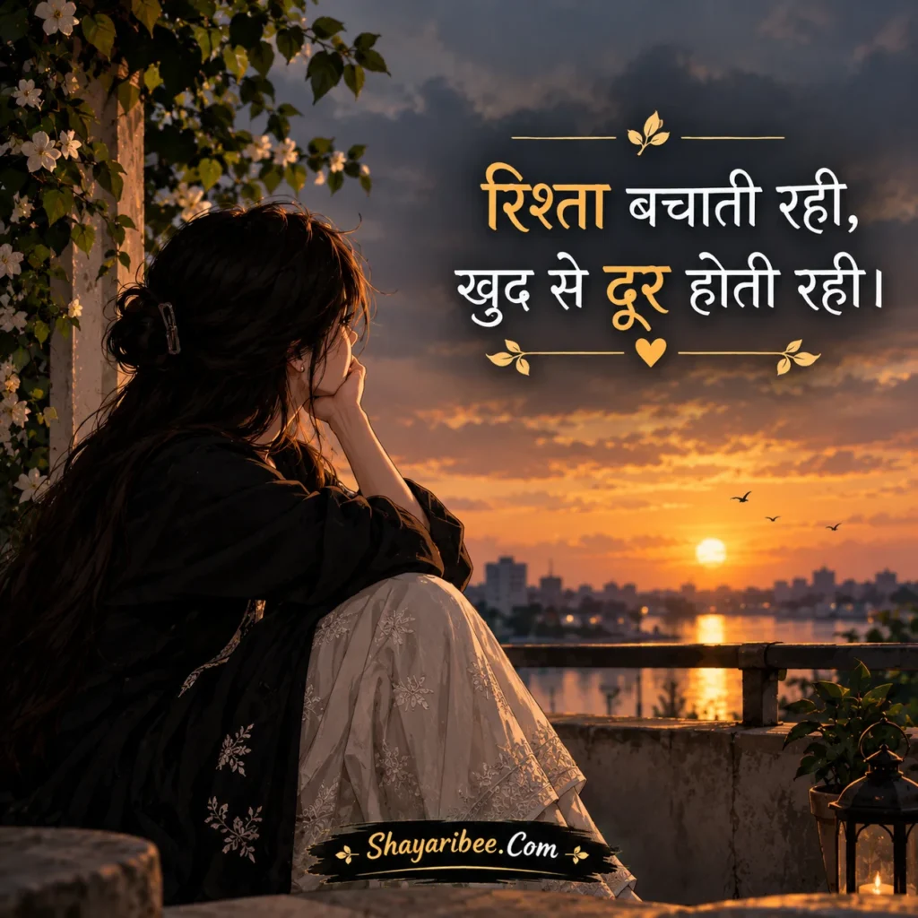 Sad anime girl sunset par emotional Hindi shayari