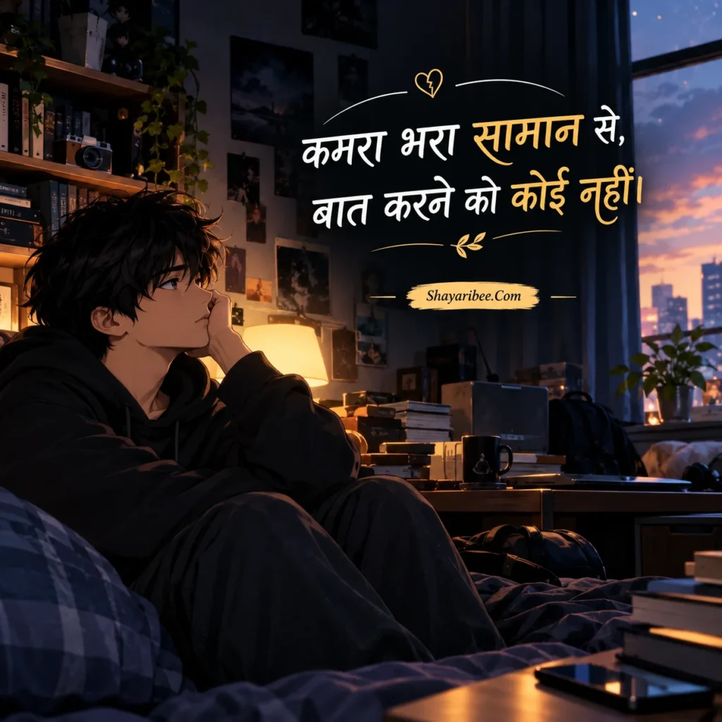 Sad anime boy sitting alone in cluttered room.