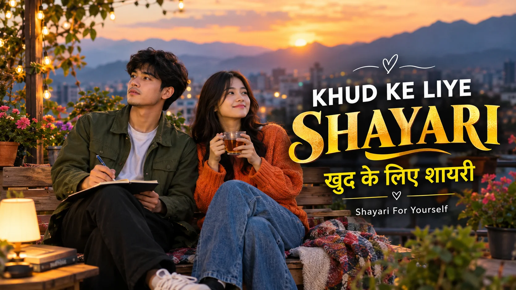 Sunset rooftop par couple ke saath aesthetic shayari thumbnail