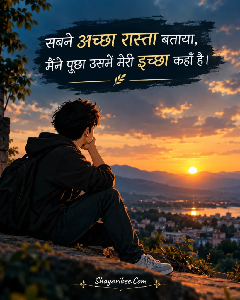 Aesthetic anime boy with motivational Hindi shayari and sunset vibes