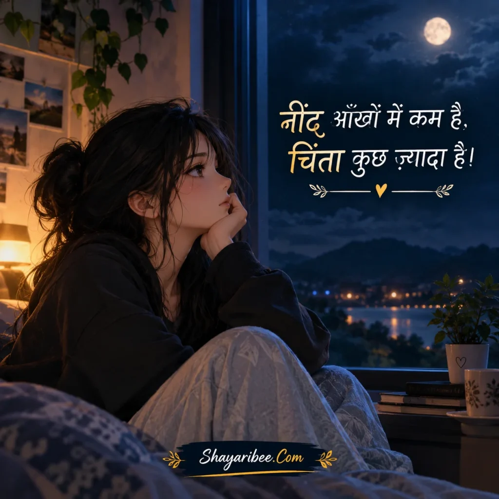 Sad anime girl under moonlight, sleepless thoughts and worries.