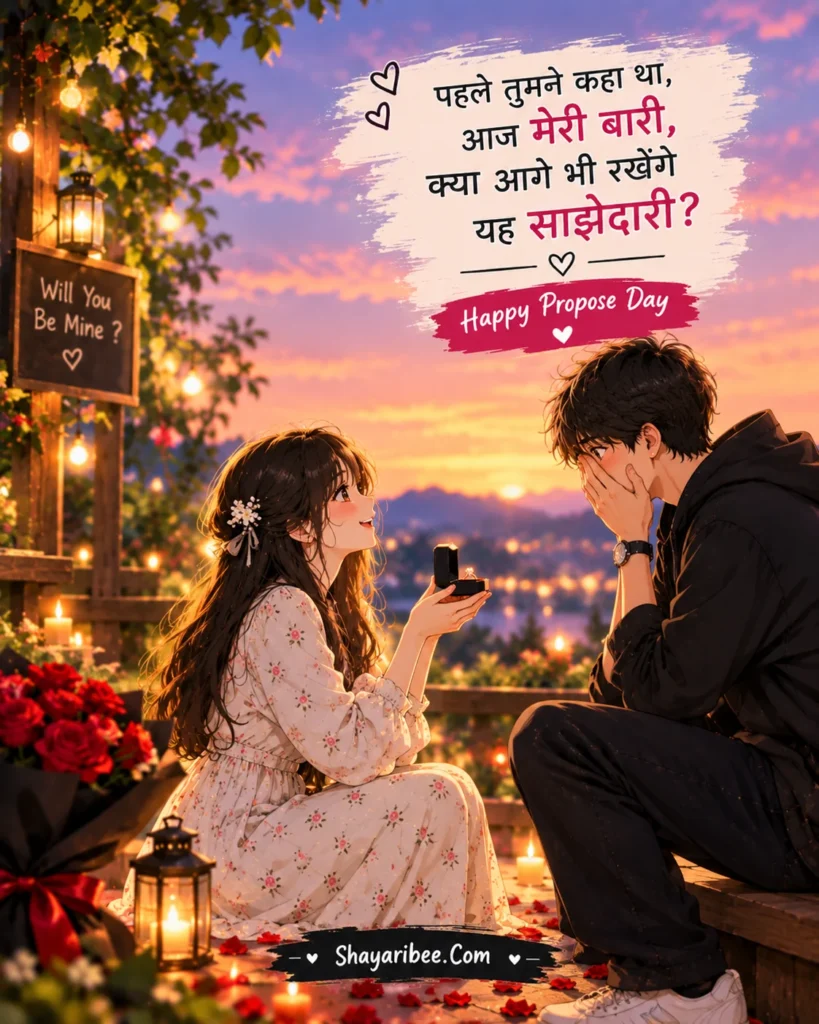 Anime girl proposing to boy with ring, romantic sunset, roses, and Shayaribee.Com.