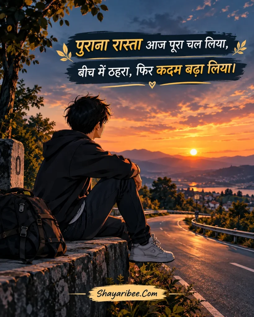 Anime boy sunset road par Hindi motivational shayari aesthetic design