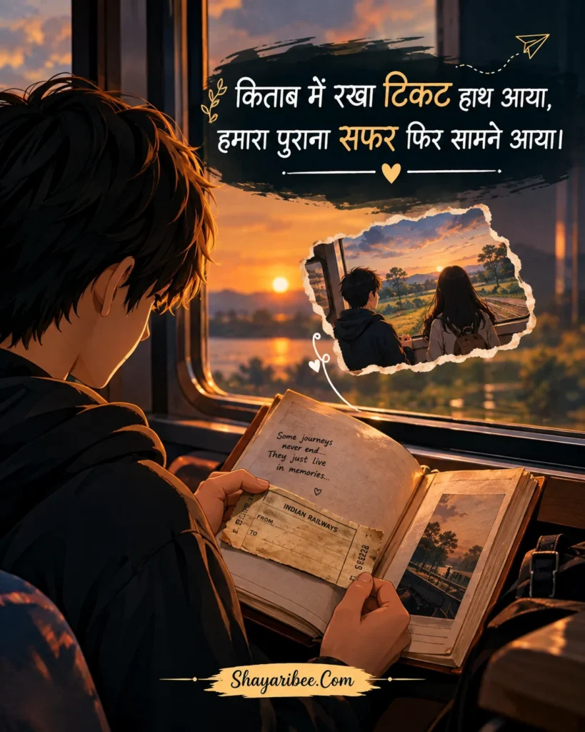 Anime Boy Holding Purana Ticket, Nostalgic Sunset Shayari Poster Design