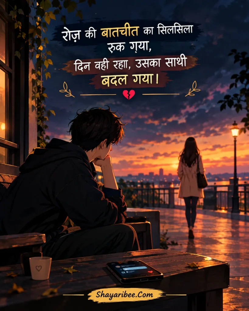 Anime breakup scene with Hindi sad shayari and sunset