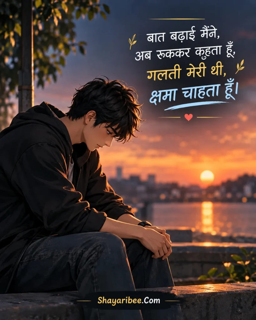Sad anime boy ke saath sorry shayari poster, sunset background aur Shayaribee.Com branding.