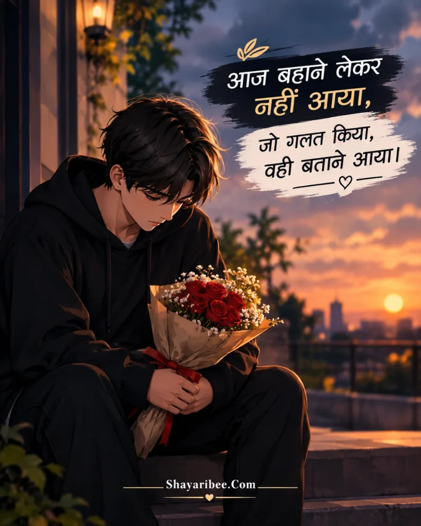 Anime Boy Holding Roses With Sorry Shayari Shayaribee.Com