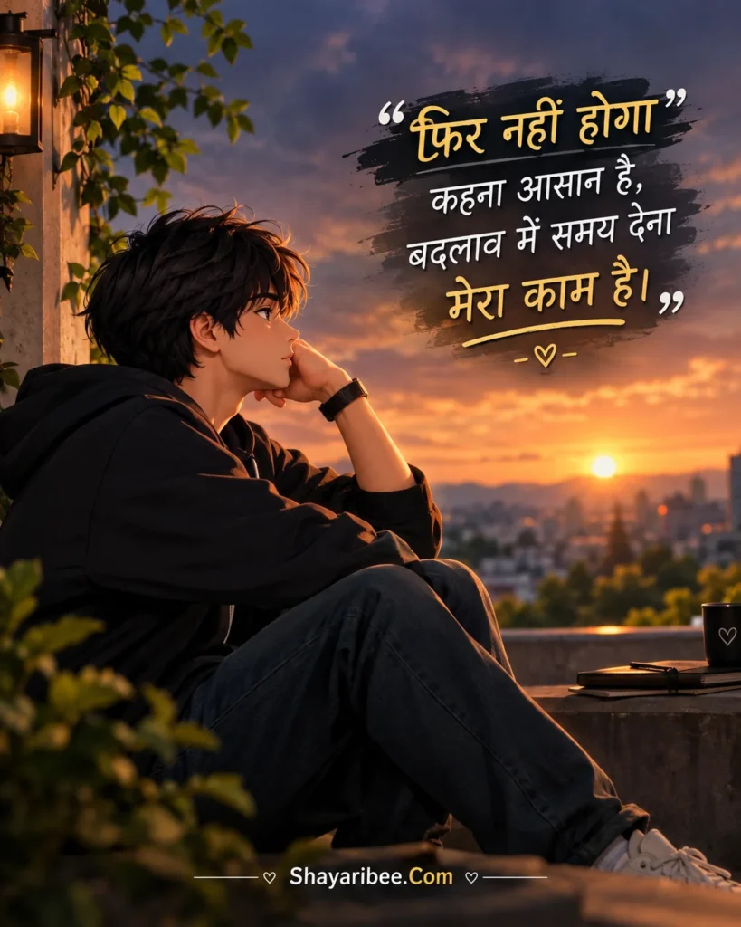 Aesthetic Anime Boy Sorry Shayari Poster With Golden Text And Sunset Background.