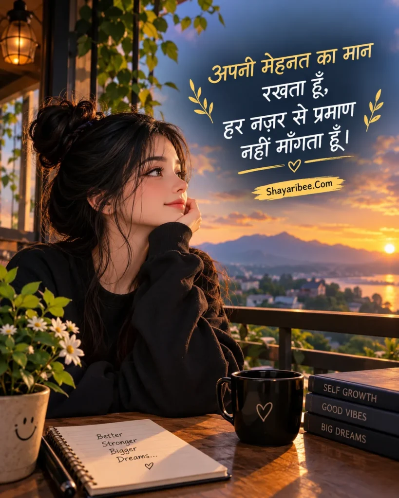Aesthetic girl cartoon with motivational self respect shayari quote.