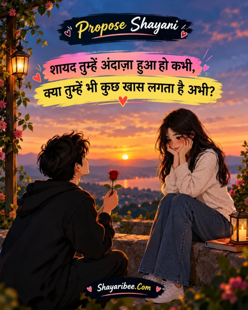 Romantic Cartoon Couple Sharing Propose Shayari At Sunset