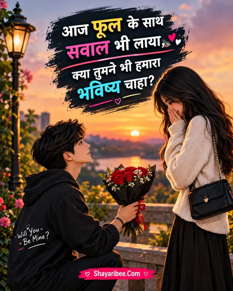 Anime Couple Romantic Proposal With Hindi Shayari And Red Roses
