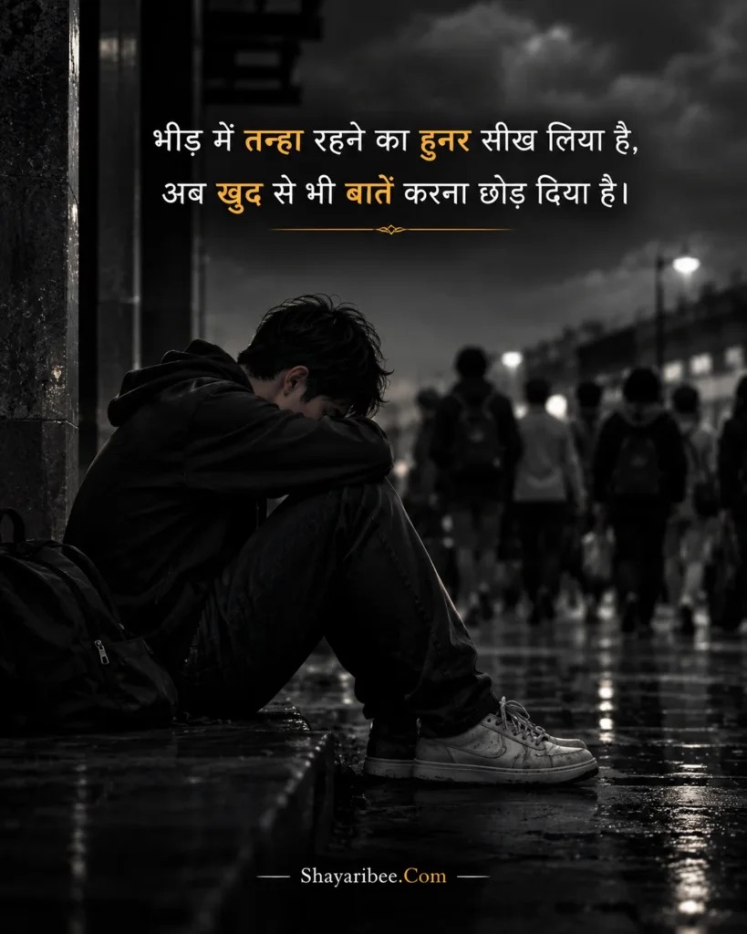 Sad boy alone in crowd black aesthetic Hindi shayari
