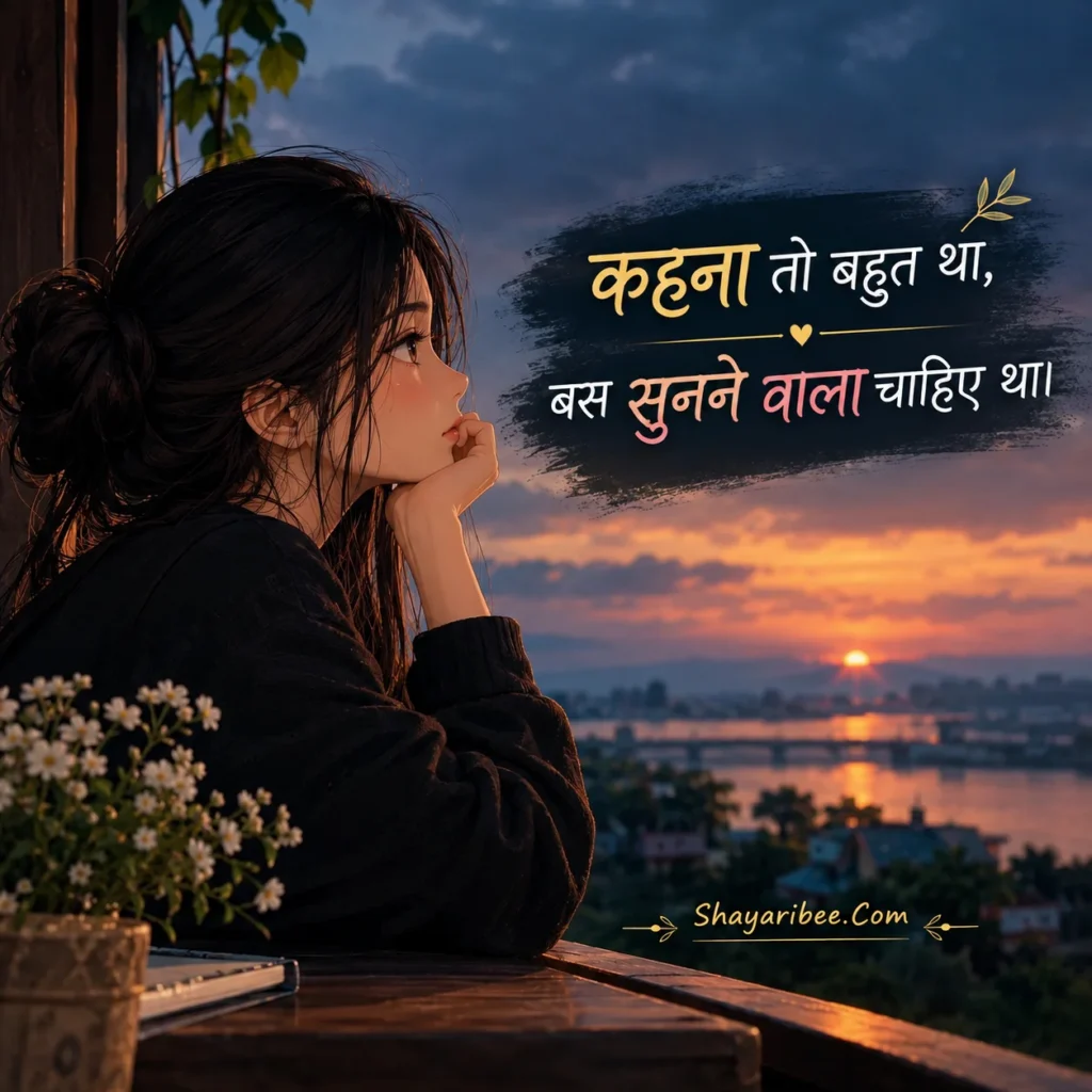 Sad anime girl sunset ke saath emotional shayari DP.